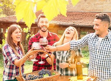 4 friends toast each other outdoors with red wine on a Cheers Okanagan Wine Tour in East Kelowna