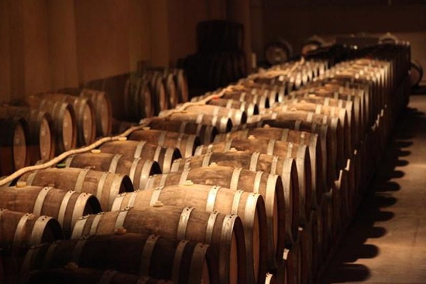 Large barrels of wine at a vineyard in Naramata